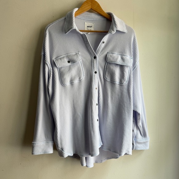 aerie Tops - Aerie Waffle Knit Button Down Shacket Light Blue Medium Oversized